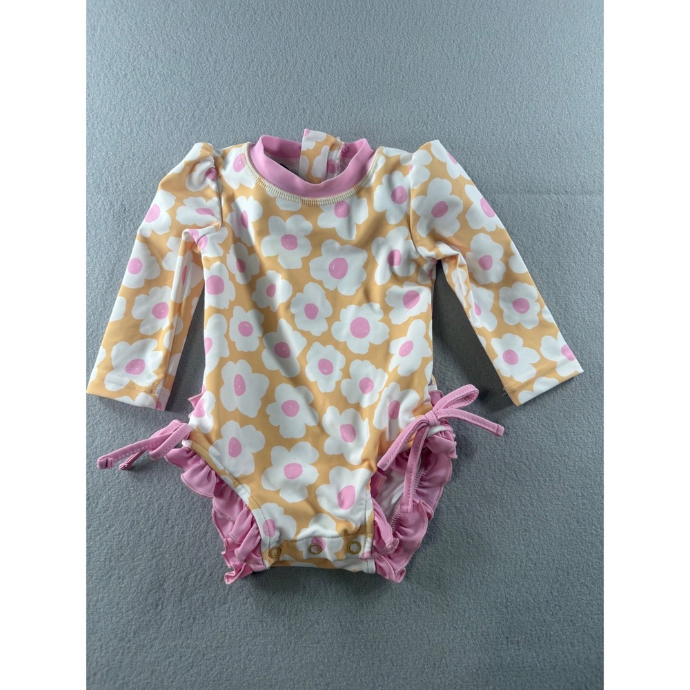 Caden Lane Floral One Piece Yellow and Pink Floral Swimsuit with Ruffle Bottom